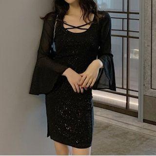Long-sleeve Cross Strap Glitter Mini Sheath Dress