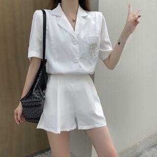 Lettering Embroidered Short-sleeve Top / Plain Wide-leg Shorts