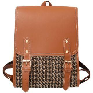 Houndstooth Buckled Faux Leather Backpack
