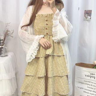 Spaghetti Strap Plaid Midi A-line Dress / Ruffled Chiffon Jacket