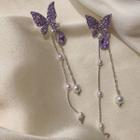 925 Sterling Silver Rhinestone Butterfly Faux Pearl Dangle Earring 1 Pair - S925 Silver Stud - Purple - One Size