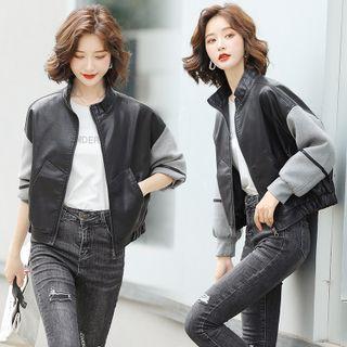 Faux Leather Panel Zip Cropped Jacket