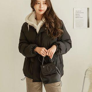 Fleece-hooded Zip-up Padded Jacket Black - One Size