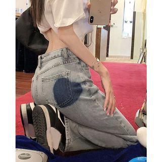 Mid-waist Heart Print Straight Leg Jeans