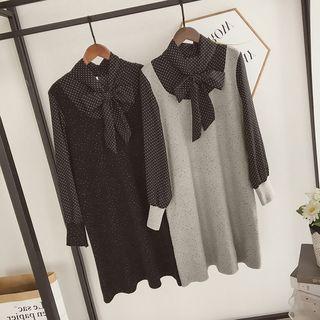 Mock Two-piece Long-sleeve Dotted Dress