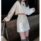 Set: Drawstring-cuff Cropped Hoodie + Mini Pencil Skirt