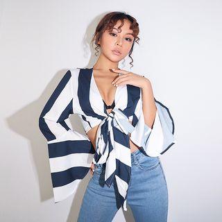 Bell-sleeved Tie-front Striped Shirt