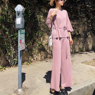 Set: Plain 3/4 Sleeve Top + Wide Leg Pants