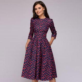 3/4-sleeve Floral Printed High-waist A Line Dress