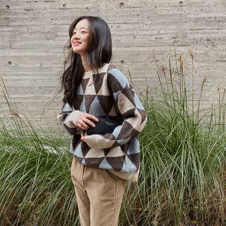 Drop-shoulder Patterned Knit Top Sky Blue - One Size