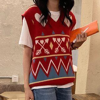 Patterned Sweater Vest Red - One Size