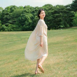 Puff-sleeve Pintucked Long Shirtdress