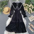 Embroidered Trim Long-sleeve Velvet Midi A-line Dress Black - One Size