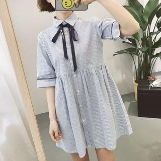 Striped Elbow-sleeve A-line Shirt Dress