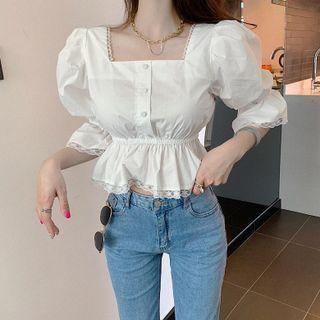 Square-neck Lace Trim Cropped Blouse