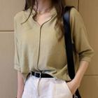 Elbow-sleeve Open-collar Chiffon Shirt