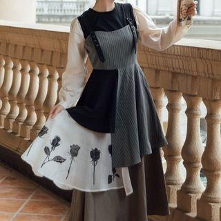 Set: Long-sleeve Blouse + Paneled Midi A-line Pinafore Dress