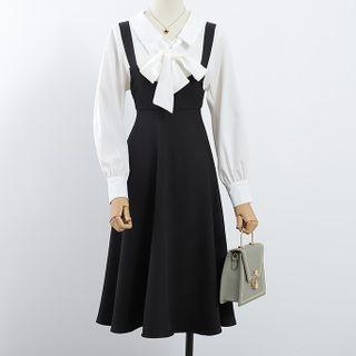 Set: Collared Ribbon Tie-neck Blouse + Midi A-line Overall Dress
