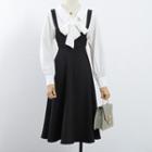 Set: Collared Ribbon Tie-neck Blouse + Midi A-line Overall Dress