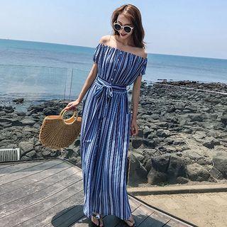 Off Shoulder Pinstriped Short-sleeve Midi Dress