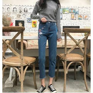 Flower Embroidered High Waist Jeans