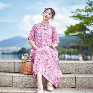 Floral Stand-collar Frog-button Short Sleeve Dress Purple - One Size
