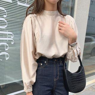 Stand Collar Blouse Beige - One Size