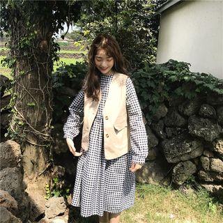 Set: Plaid Long Sleeve Midi Dress + Plain Vest