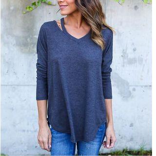 Cutout Long Sleeve V-neck T-shirt