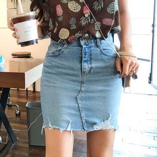 Fray-hem Distressed Denim Pencil Skirt
