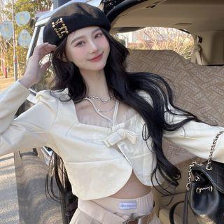 Square Neck Mesh Trim Cropped Blouse