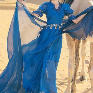 Short-sleeve Embroidered Midi A-line Dress / Shawl / Beaded Waist Chain / Set