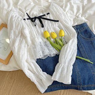Long-sleeve Square-neck Lace Top White - One Size