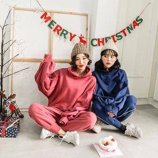 Set: Balloon-sleeve Hoodie + Paperbag-waist Sweatpants