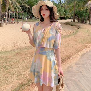 Set: Elbow-sleeve Print Swim Top + Skirt