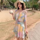 Set: Elbow-sleeve Print Swim Top + Skirt