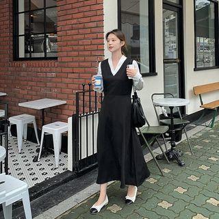 V-neck Button-back Long Overall Dress