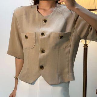 Pocket Detail Single-breasted Elbow-sleeve Blazer
