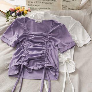 Square-neck Drawstring Crop T-shirt In 6 Colors