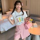Short-sleeve Lettering Printed T-shirt / High-waist Rhinestone Asymmetric Skort