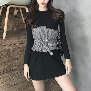 Long-sleeve Plaid Panel Mini T-shirt Dress