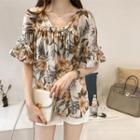 Short-sleeve Cold-shoulder Floral-pattern Top