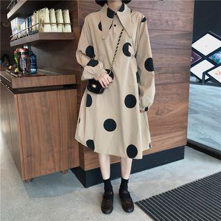 Dotted Long-sleeve Midi Collared Dress Dotted - Khaki - One Size
