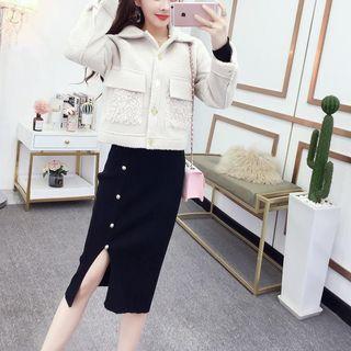 Fleece Button Jacket / Long-sleeve Midi Sheath Dress