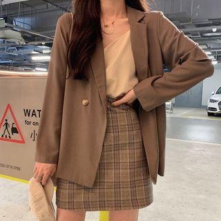 Double-breasted Blazer / Mini Plaid Skirt / Spaghetti Strap Top