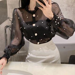 Long-sleeve Embellished Mesh Blouse