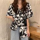Elbow-sleeve Floral Print Shirt Black & White - One Size
