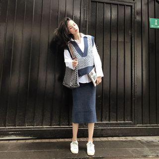 Set: Long-sleeve Shirt + Knit Midi Pencil Skirt + Sweater Vest