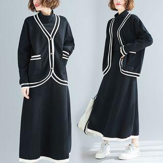 Set: Contrast Trim Cardigan + Mock-neck Midi Dress As Shown In Figure - One Size