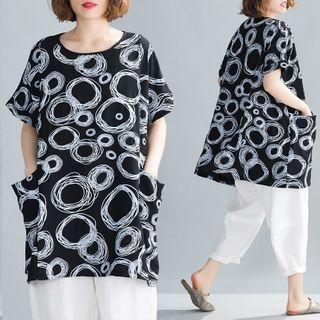 Short-sleeve Patterned Top Black - One Size